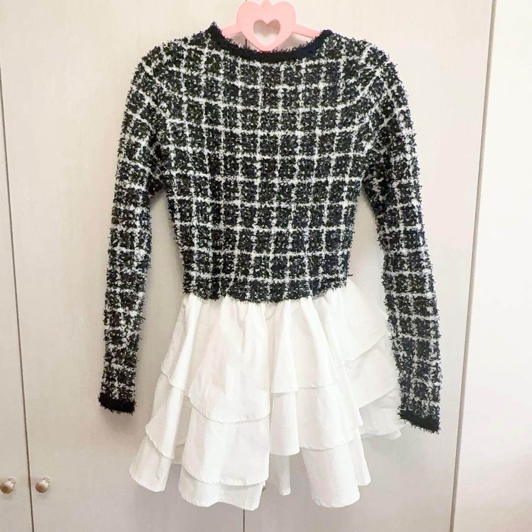 Darich ボリュームフリルツイードニットミニワンピース BLK (FREE)