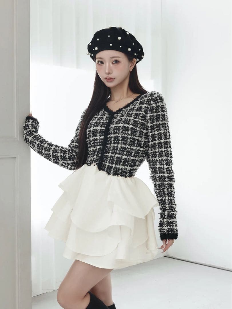 Darich ボリュームフリルツイードニットミニワンピース BLK (FREE)