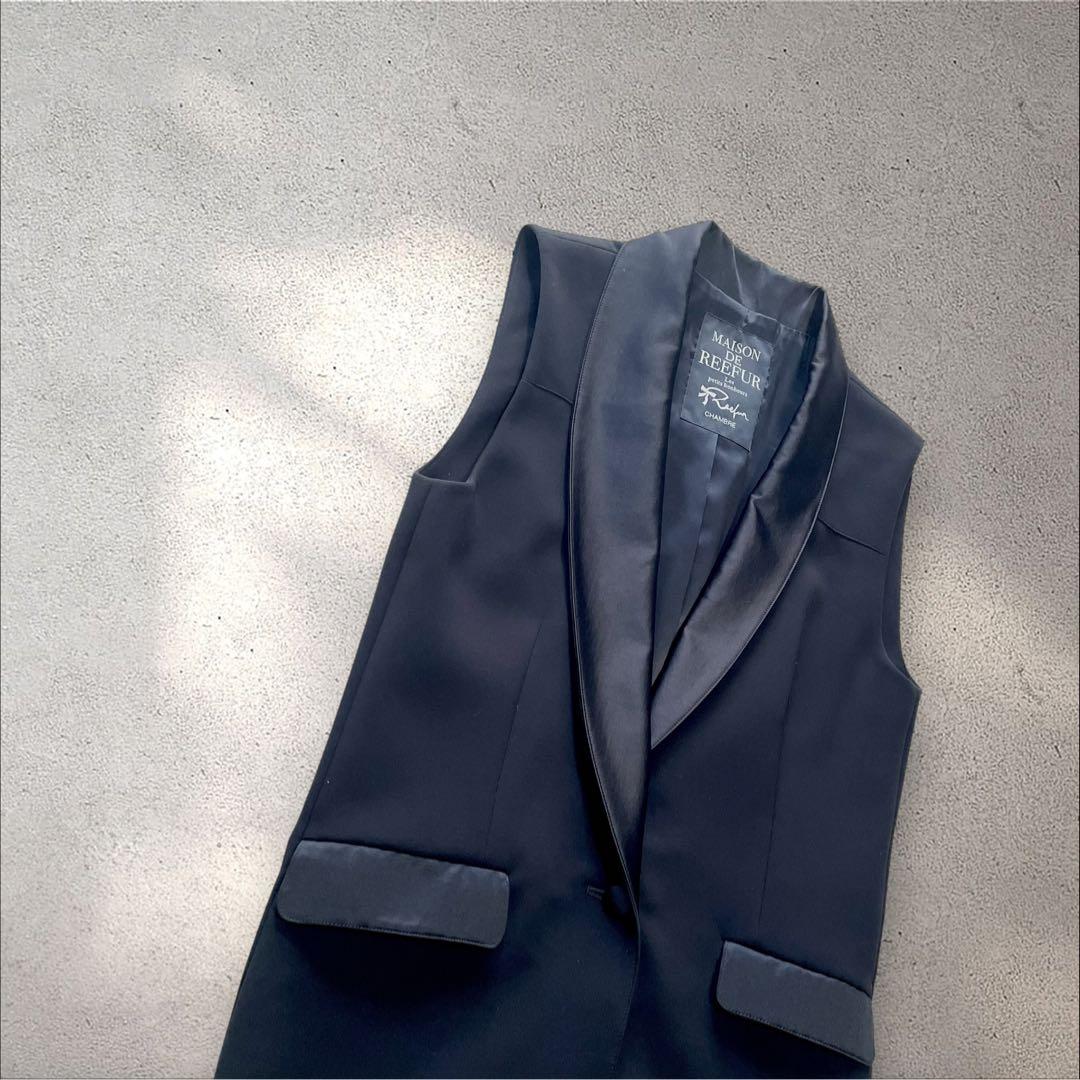 美品 リーファー ドレスジレ 38 黒 梨花 CHAMBRE ショールカラー