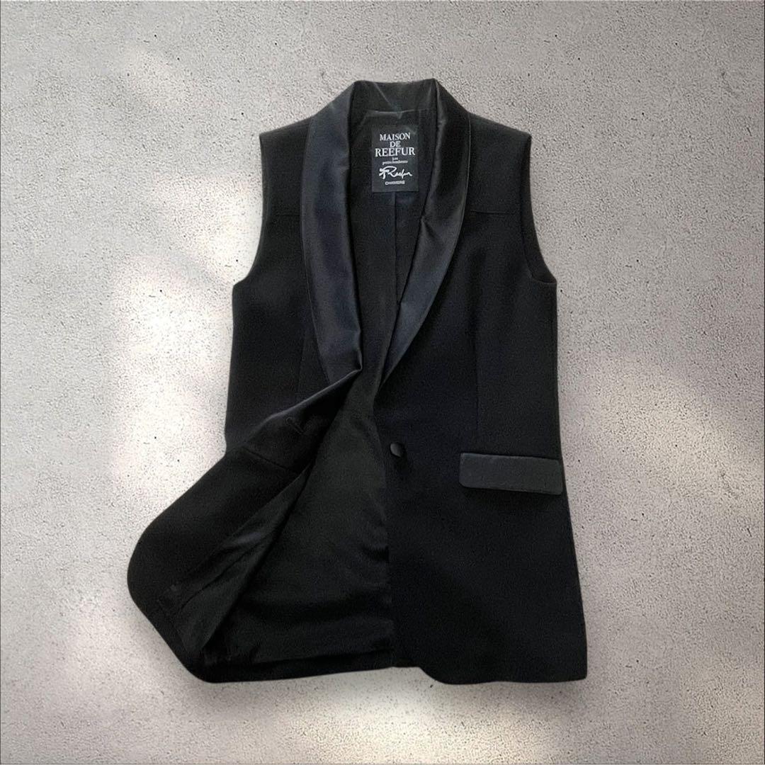 美品 リーファー ドレスジレ 38 黒 梨花 CHAMBRE ショールカラー