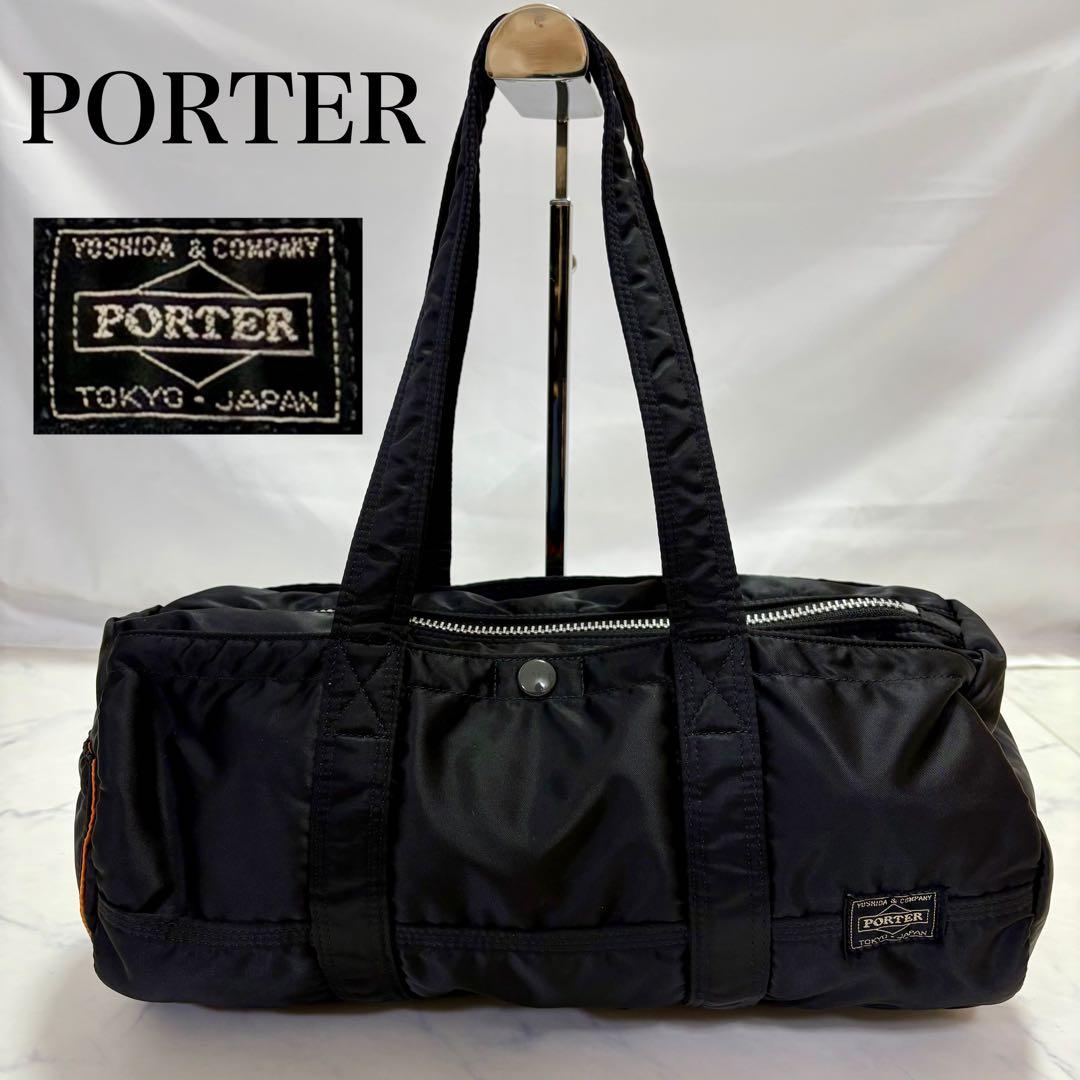 美品 PORTER タンカー ミニボストンバッグ 黒 オレンジ ナイロン ドラム