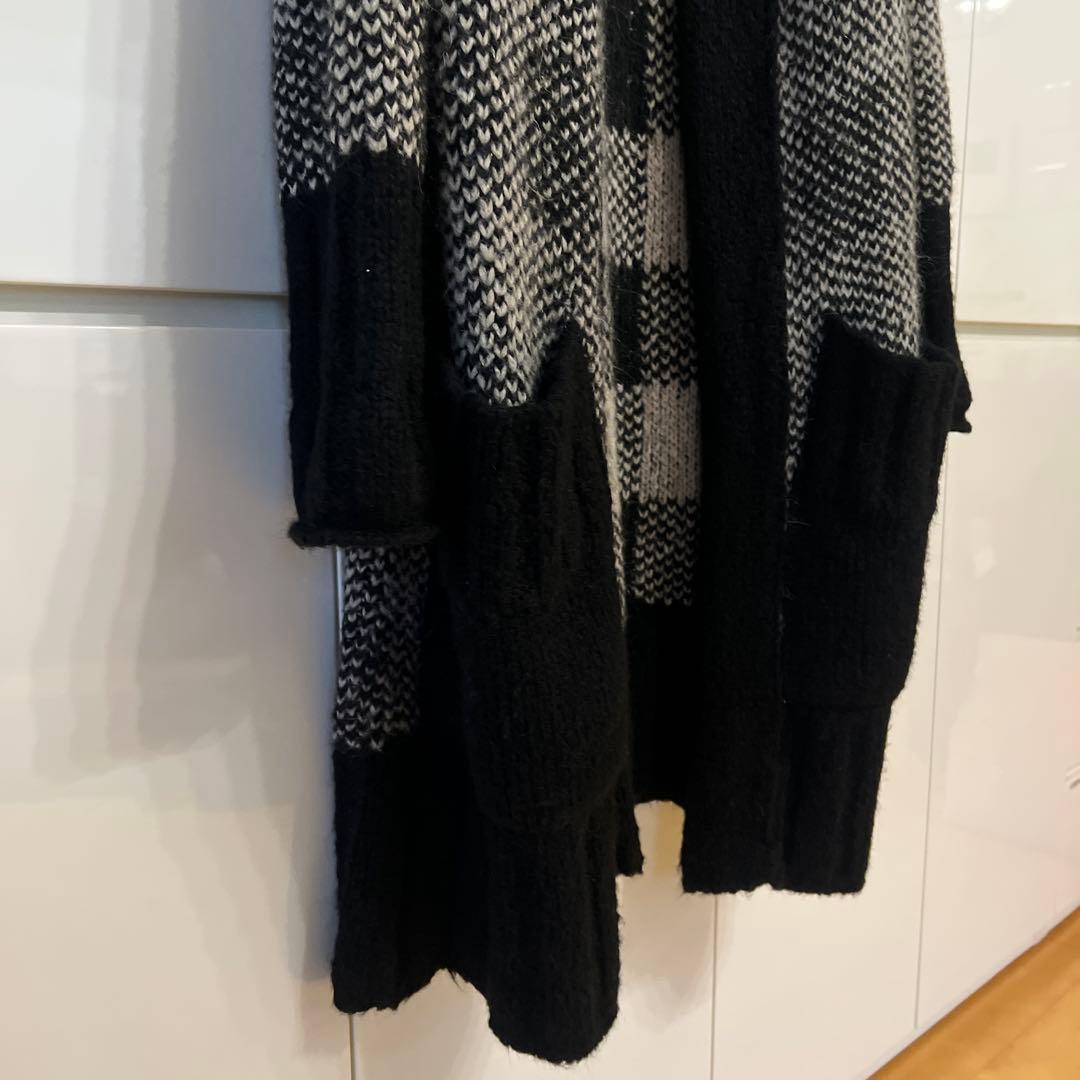 GroudY ロングニットカーディガン 黒とグレー チェック柄