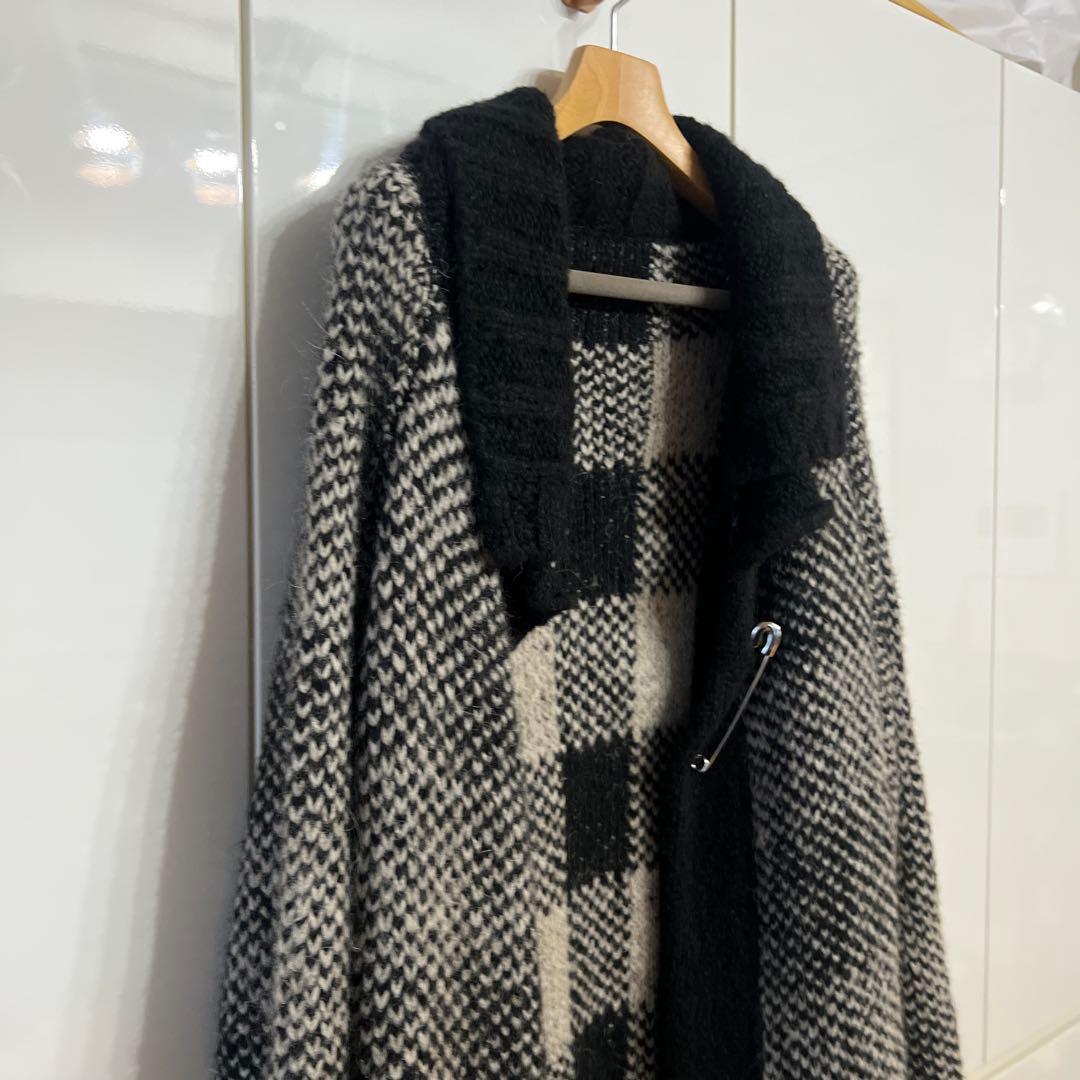 GroudY ロングニットカーディガン 黒とグレー チェック柄