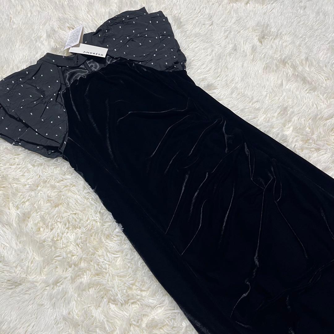 【未使用タグ付】ANDRESD ドレープベロアドレス　ドットブラック　M