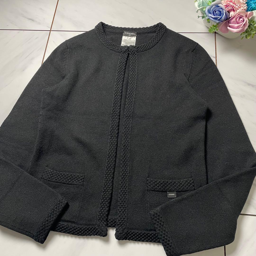 CHANEL 05P ピュアカシミヤ カーディガン カメリアブローチ付 黒 36