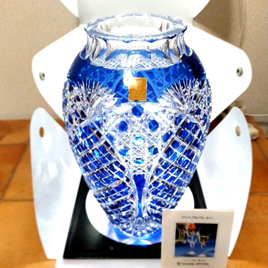 新品未使用カガミクリスタル江戸切子笹っ葉八角籠目文花瓶花器フラワーベース薩摩切子