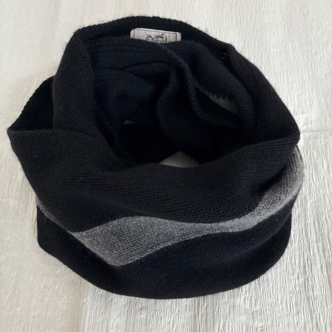 HERMES エルメス スヌード　マフラー　カシミヤ100 黒 グレー