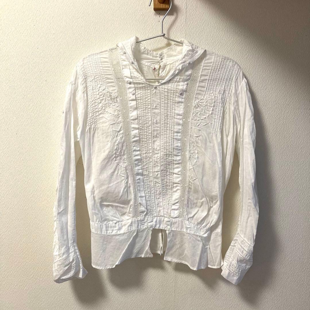 【アンティーク】フランス ブラウス 花 刺繍 ホワイト