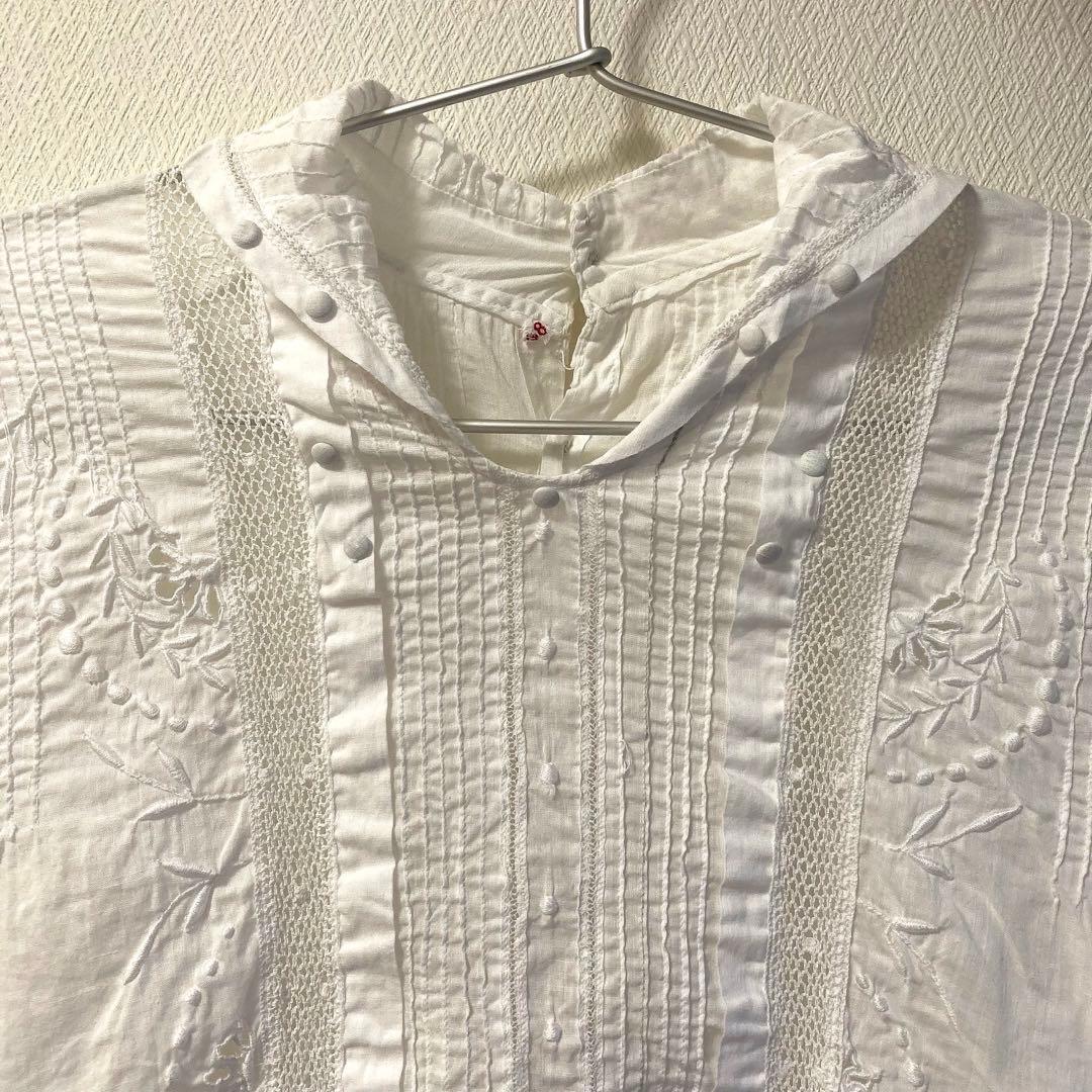 【アンティーク】フランス ブラウス 花 刺繍 ホワイト