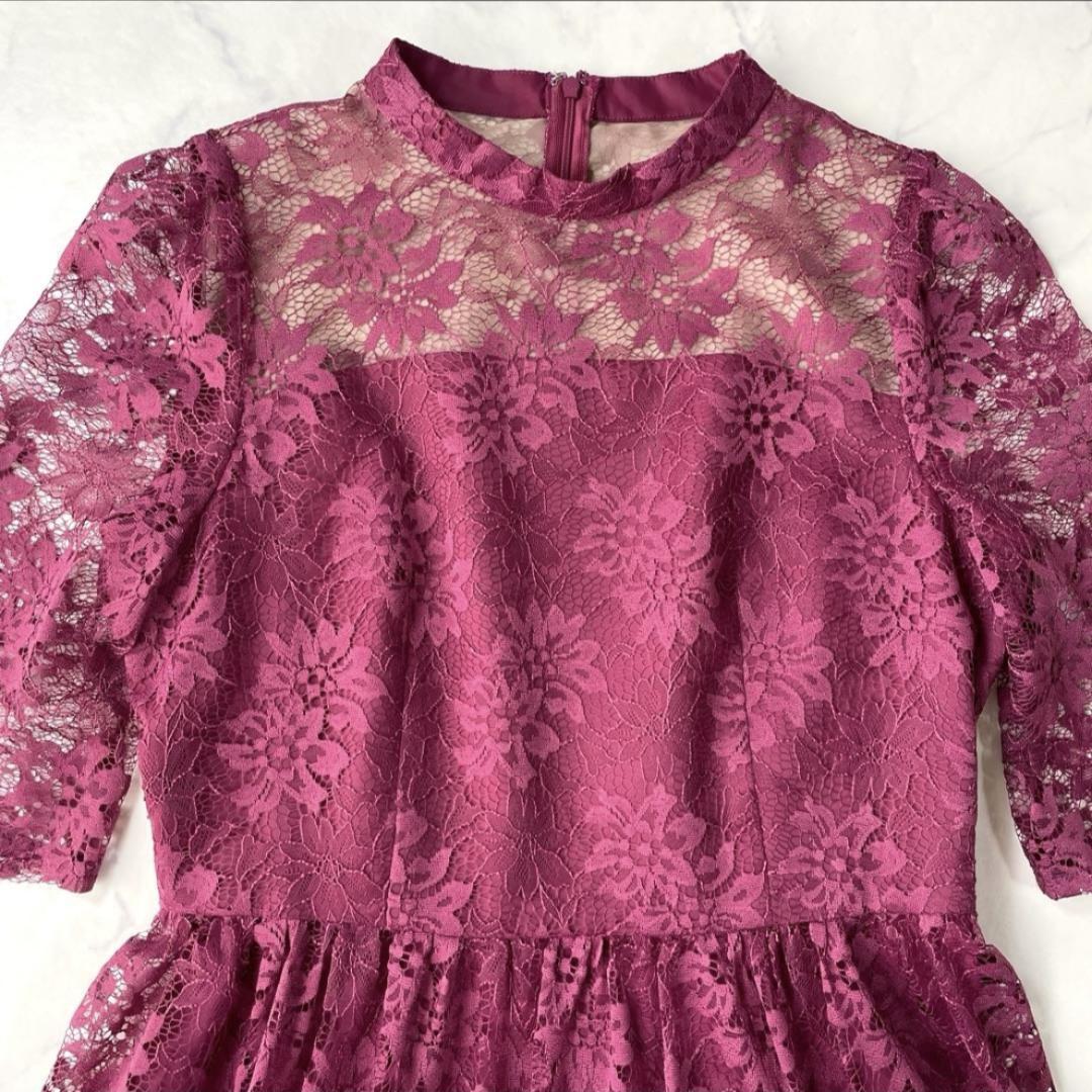 エメ AIMER プチハイネック袖付き花柄レースフィット＆フレアドレス Lサイズ