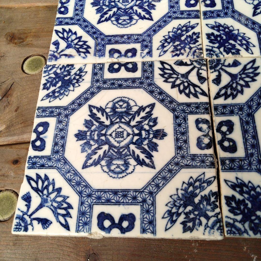 大正昭和時代　青白花柄アンティークタイル　4枚セット