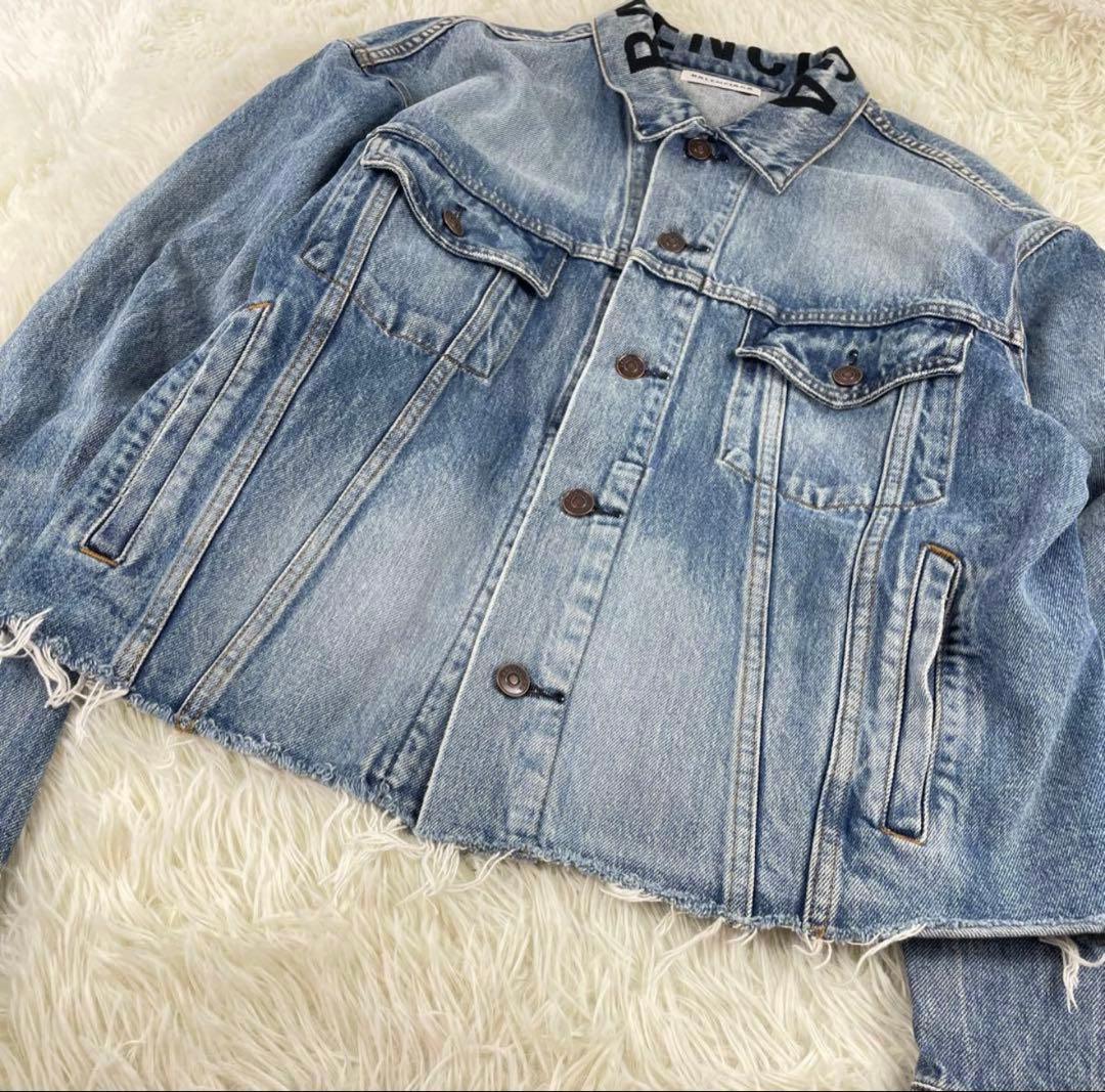 【美品】バレンシアガ ネックロゴ オーバーサイズ デニムジャケット 34