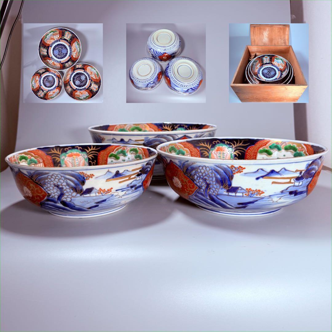 1900年代初頭　錦手　山水図三ツ鉢　箱有　青海波文　舟　二重高台　明治大正期