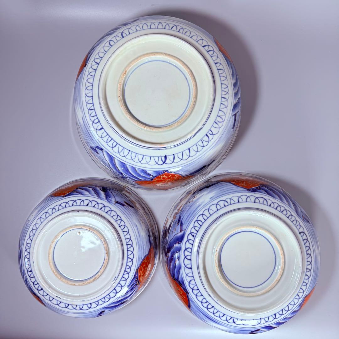 1900年代初頭　錦手　山水図三ツ鉢　箱有　青海波文　舟　二重高台　明治大正期