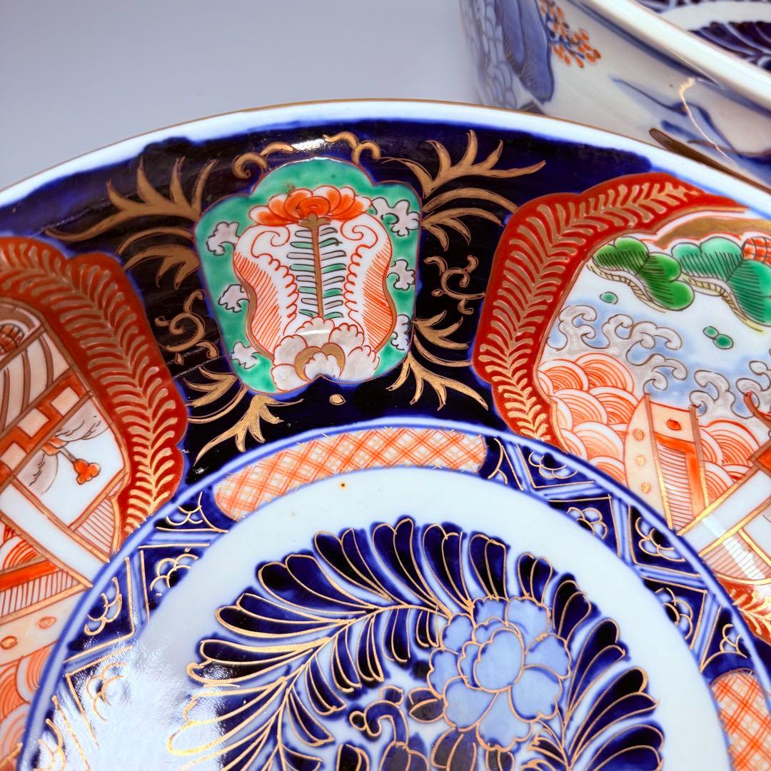 1900年代初頭　錦手　山水図三ツ鉢　箱有　青海波文　舟　二重高台　明治大正期