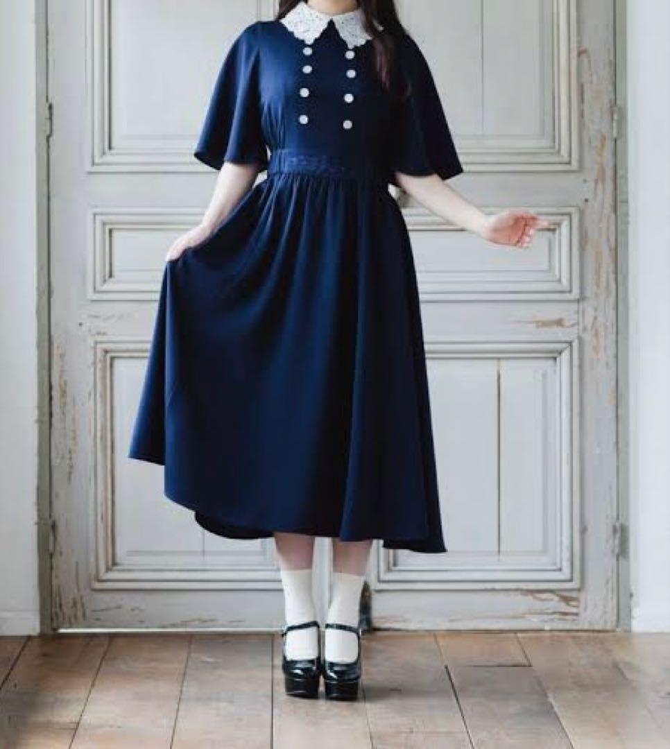 ネイビー ボタン付き 襟付き ワンピース