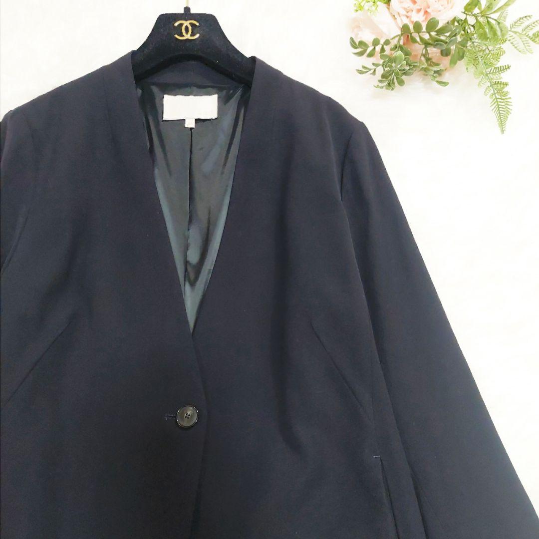 美品 自由区 大きいサイズ 44 洗える ストレッチ ノーカラー セットアップ