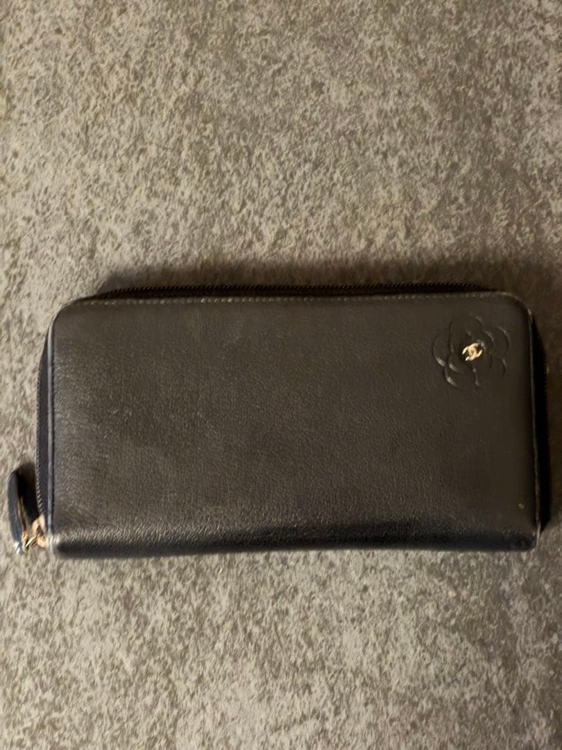 makotoシャネル カメリア ラウンドファスナー 長財布 ブラック