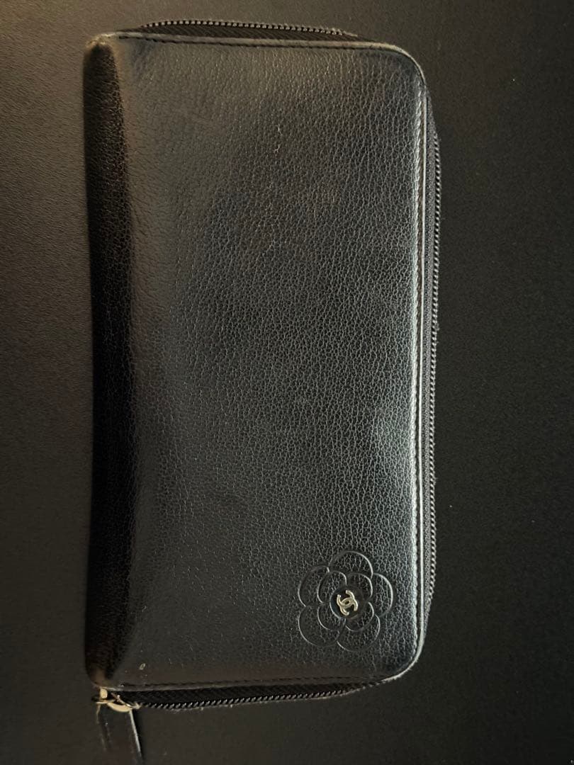 makotoシャネル カメリア ラウンドファスナー 長財布 ブラック