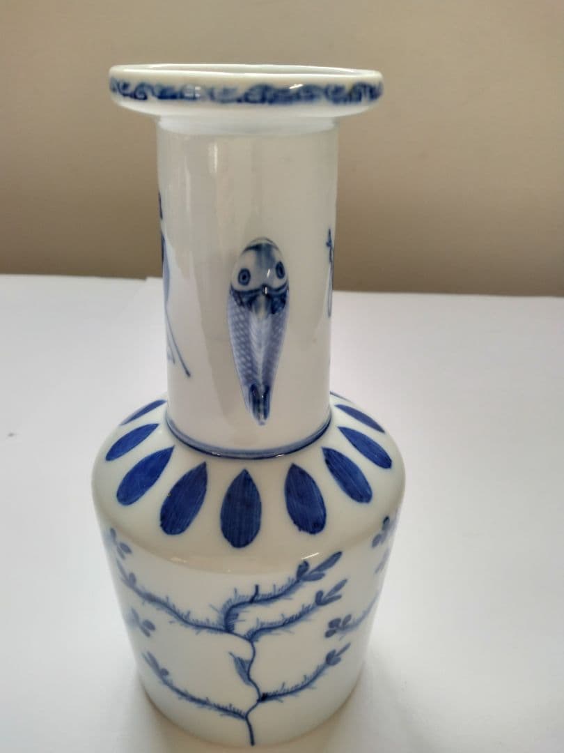 九谷　陶源製　高砂花入　染付鯉耳　華入