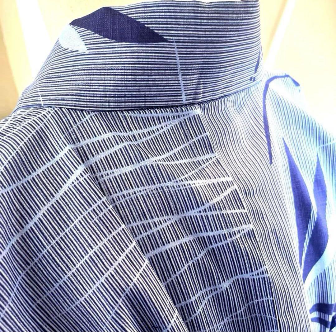 綿麻 浴衣 蜻蛉 芝 縞 青色 ブルー フリーサイズ 未使用