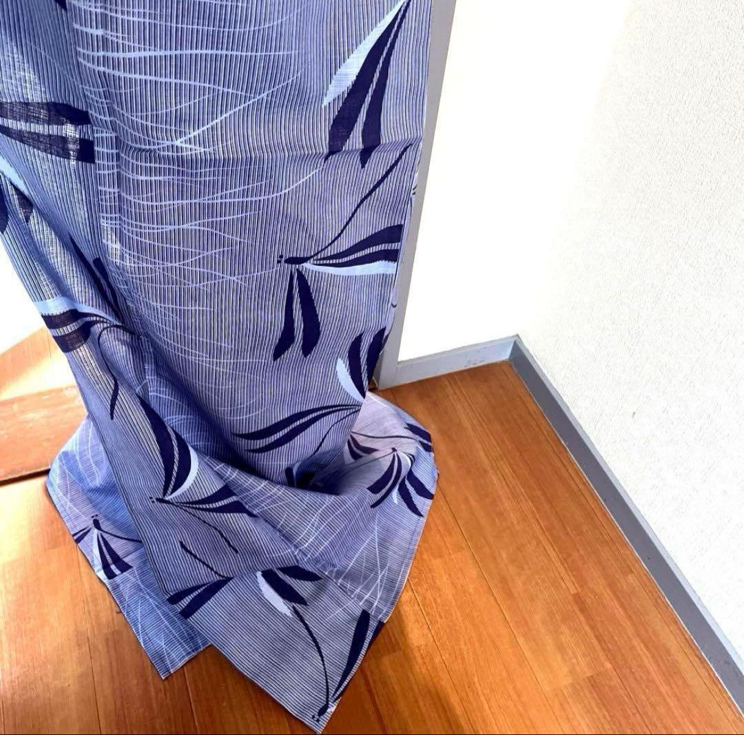 綿麻 浴衣 蜻蛉 芝 縞 青色 ブルー フリーサイズ 未使用