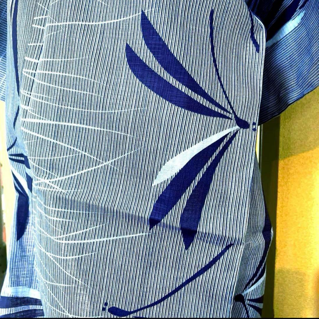 綿麻 浴衣 蜻蛉 芝 縞 青色 ブルー フリーサイズ 未使用