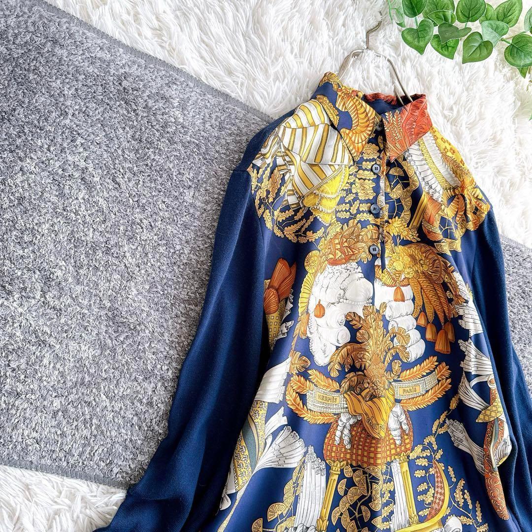 オールド エルメス ニット　切替　異素材　シャツ　ブラウス　シルク　カシミヤ　M