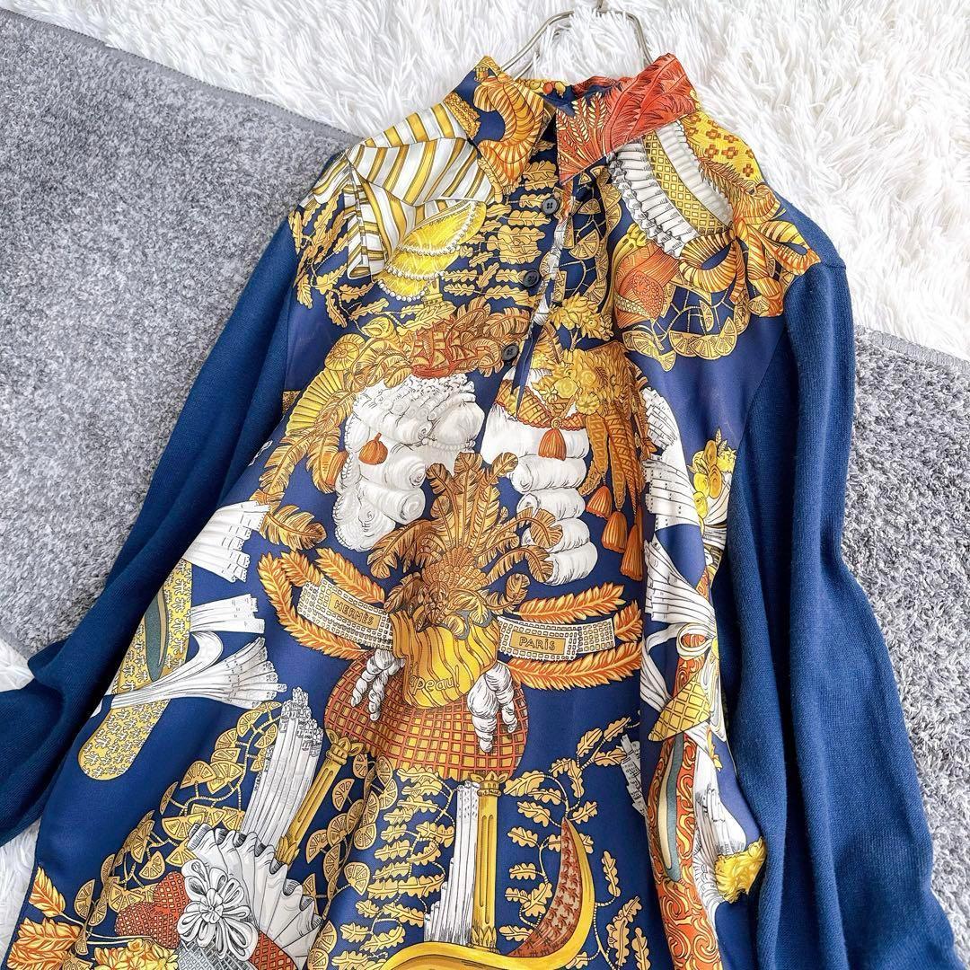 オールド エルメス ニット　切替　異素材　シャツ　ブラウス　シルク　カシミヤ　M