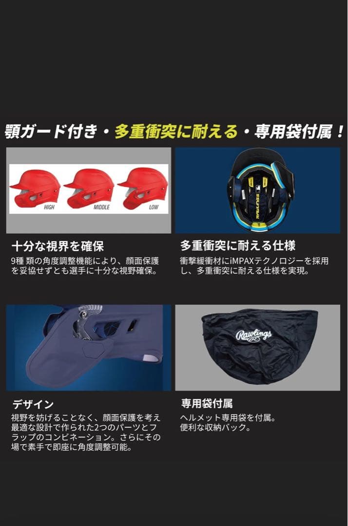 Rawlings ローリングス 両耳 顎ガード付きヘルメット　収納袋付き