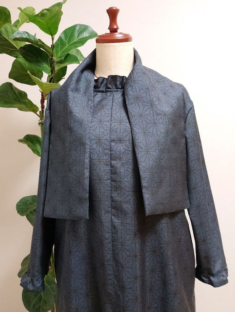 着物リメイク♧大島紬Aラインフリルワンピース♧紺地長袖ストールリボン付き正絹