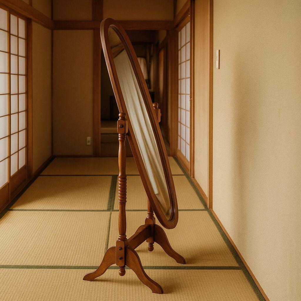 ​レトロ 姿見 楕円形 木製 スタンドミラー 天然木製 OM-340