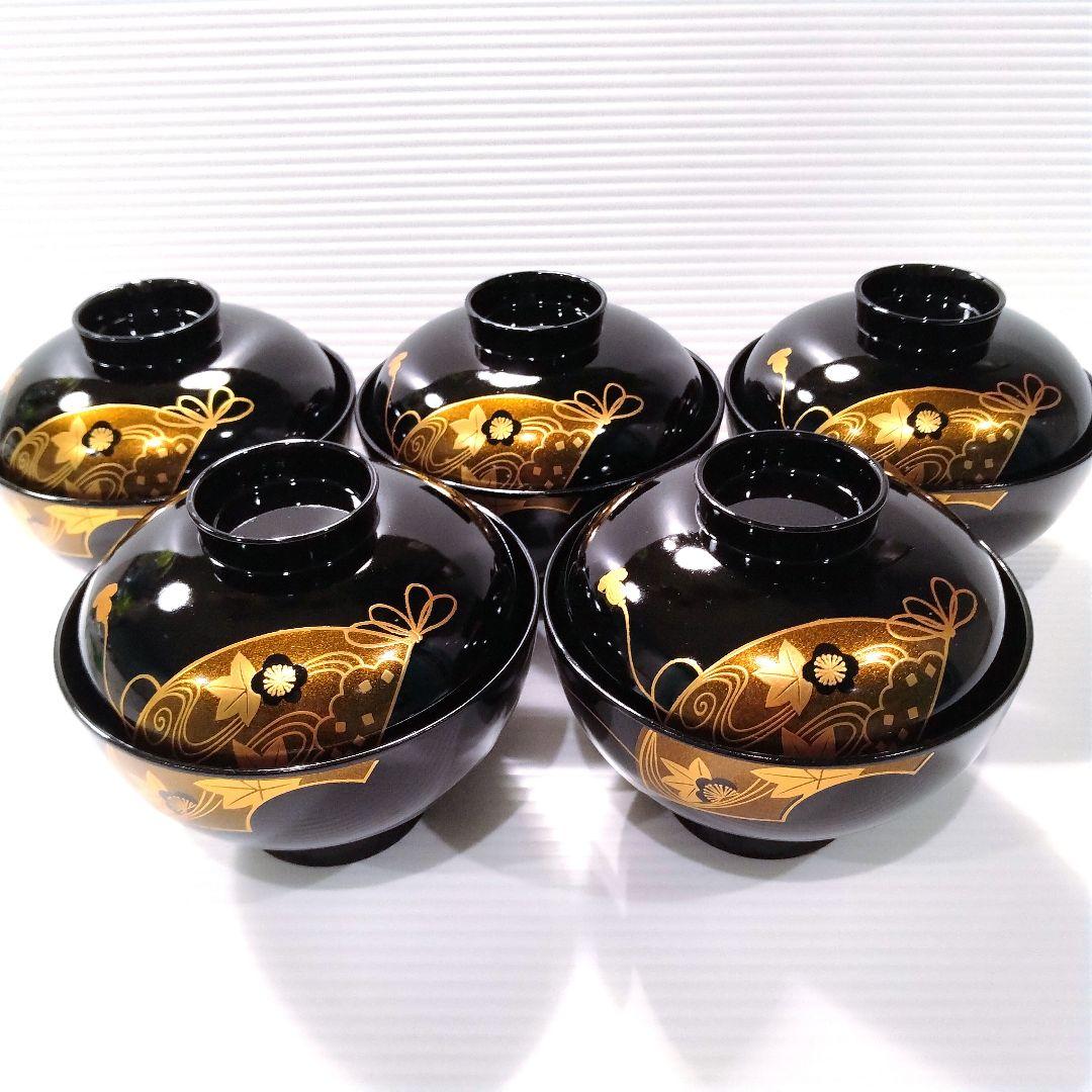 会津塗 漆器 漆 黒塗 扇 蒔絵 吸物椀 汁椀 蓋付き 和食器 黒金 5客揃