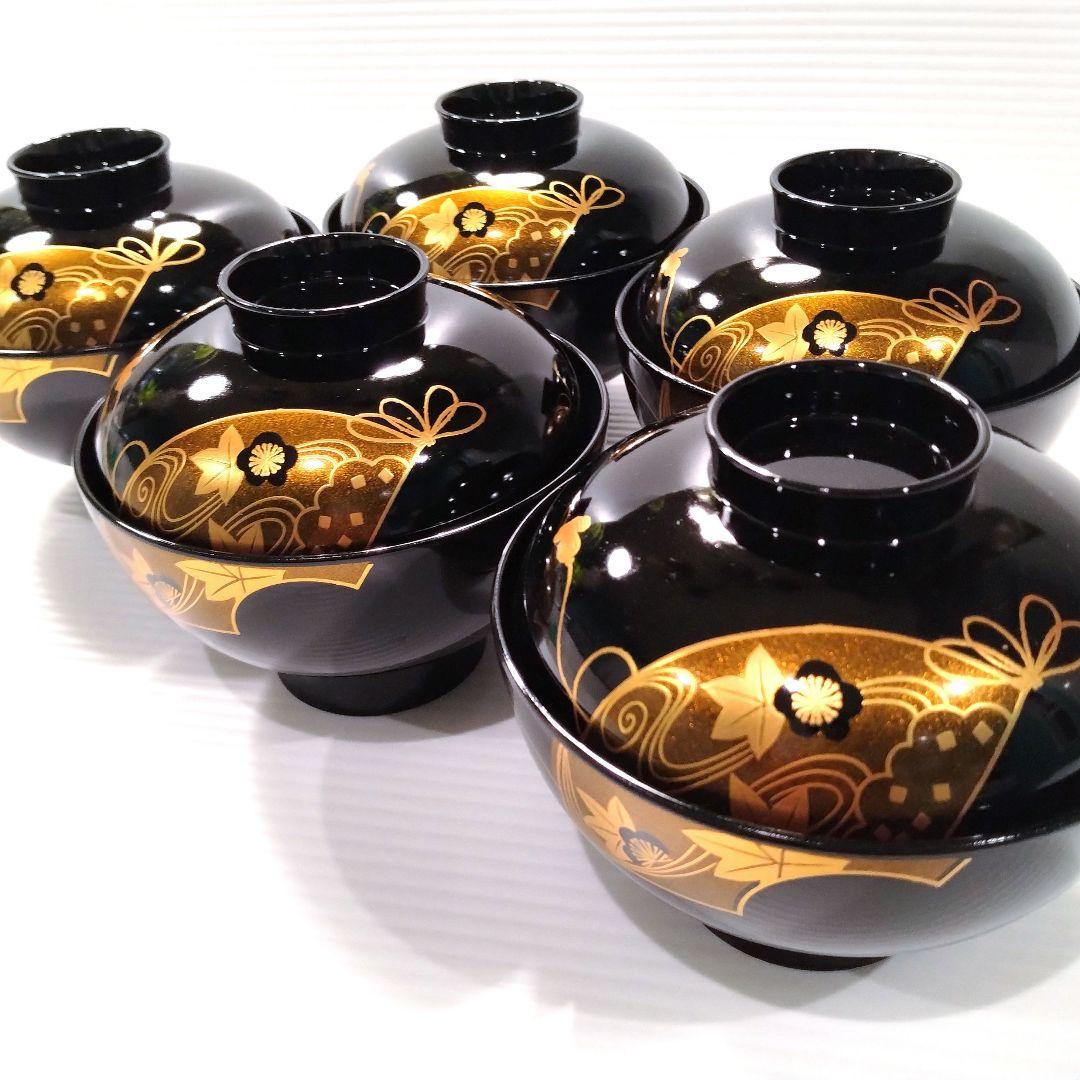 会津塗 漆器 漆 黒塗 扇 蒔絵 吸物椀 汁椀 蓋付き 和食器 黒金 5客揃