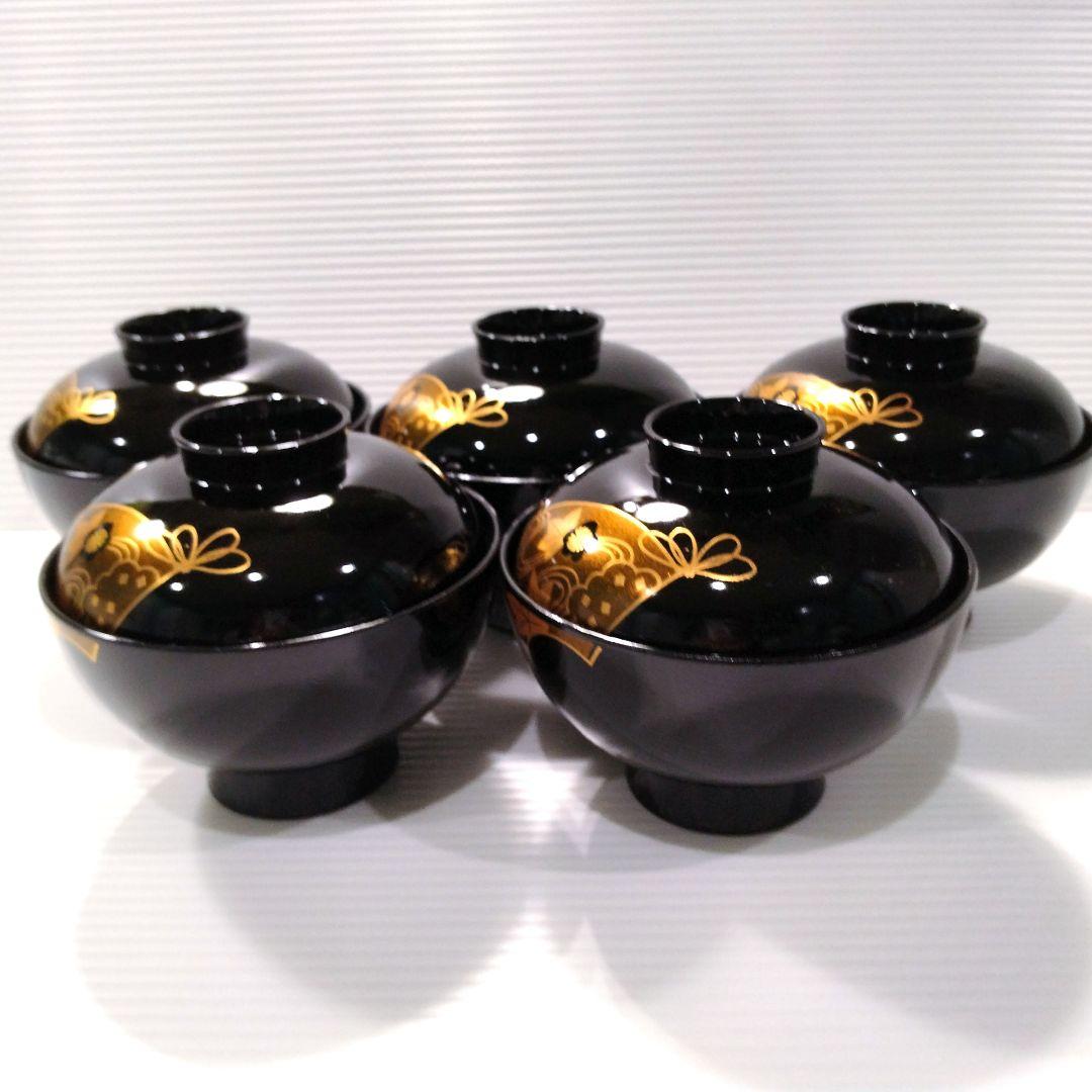 会津塗 漆器 漆 黒塗 扇 蒔絵 吸物椀 汁椀 蓋付き 和食器 黒金 5客揃