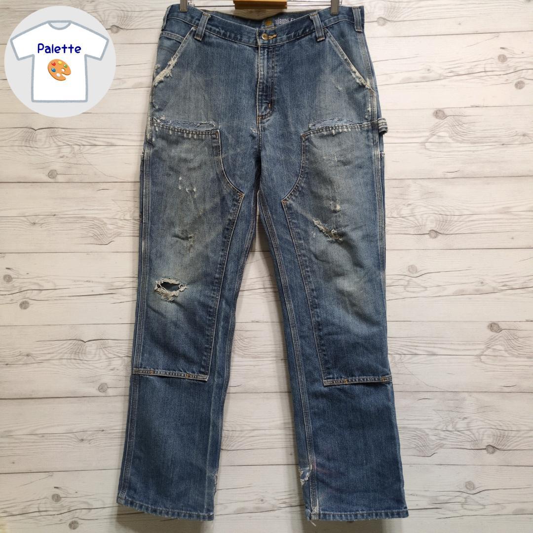 雰囲気抜群✨カーハートダブルニー ペインターパンツ デニム W36 ボロフェード