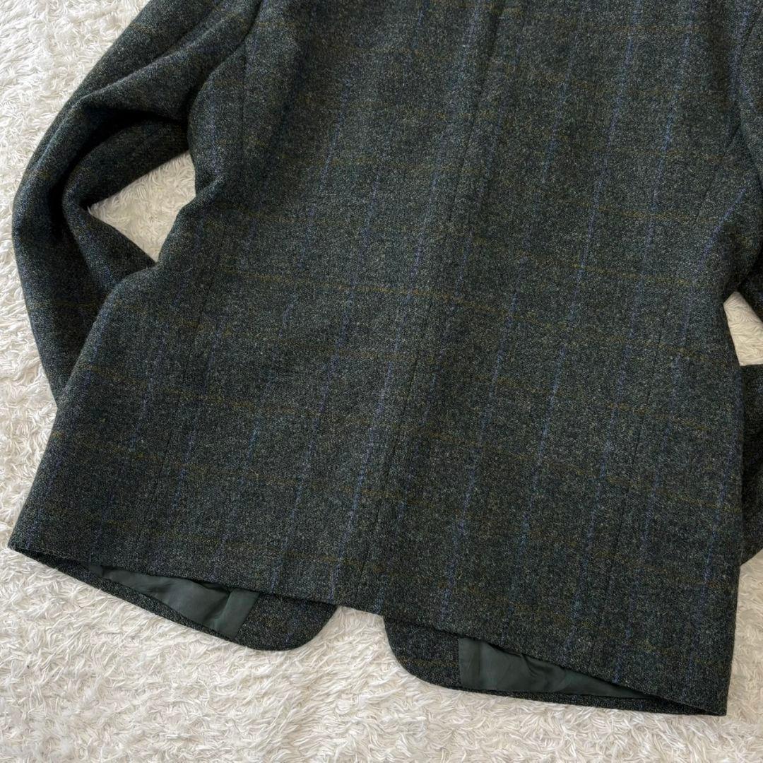 ハリスツイード テーラードジャケット くるみボタン チェック 3L 深緑