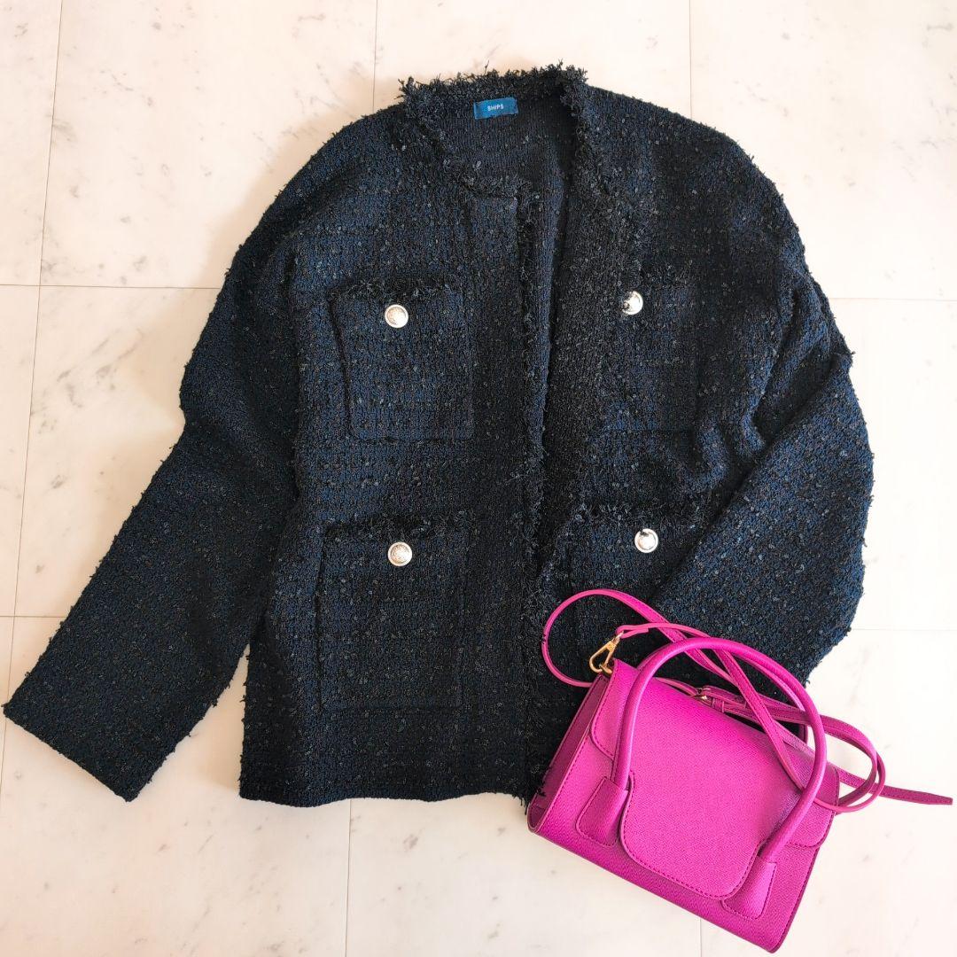 SHIPS〈手洗い可能〉ニット ツイード クルーネック カーディガン　ネイビー