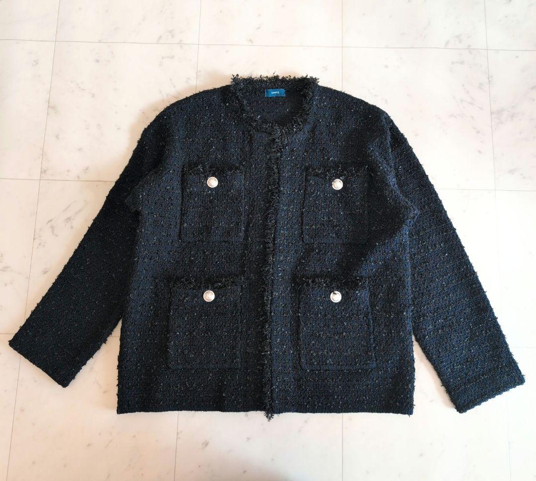 SHIPS〈手洗い可能〉ニット ツイード クルーネック カーディガン　ネイビー