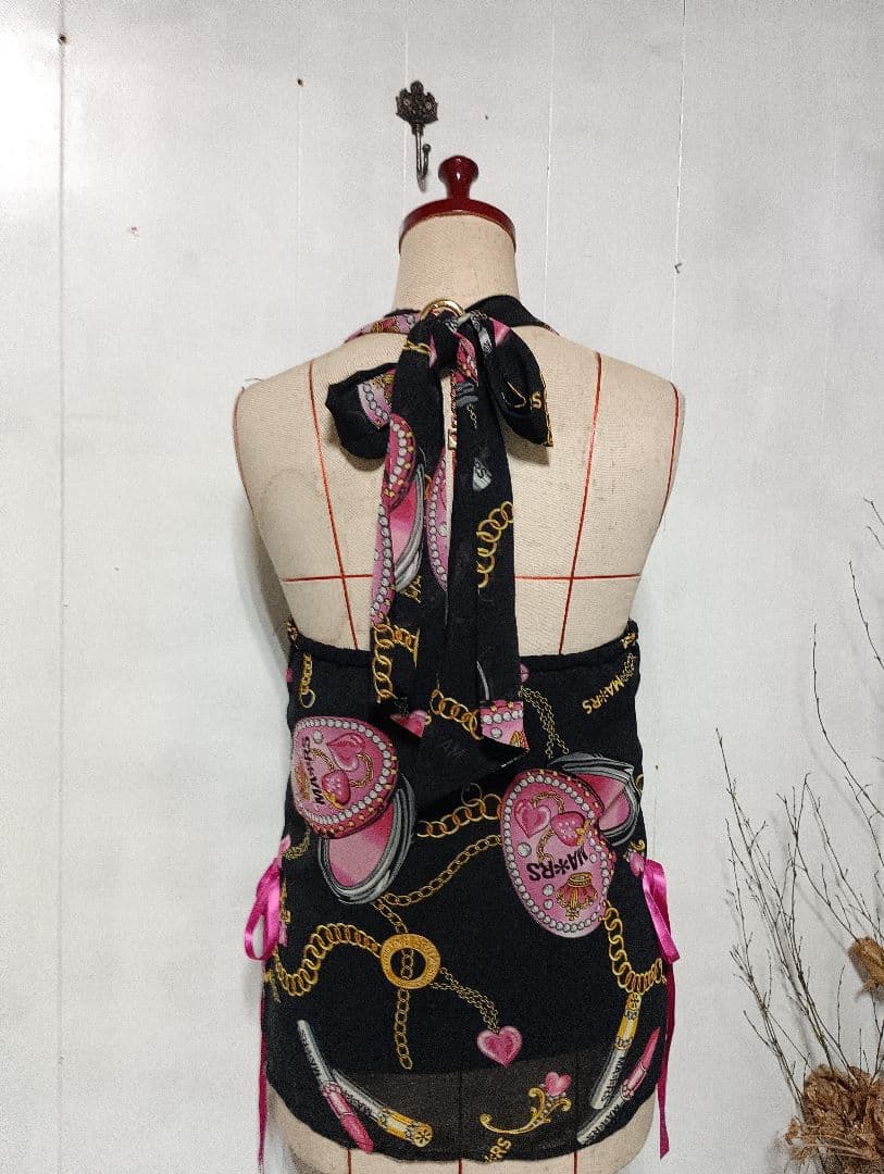 MARS マーズ ギャル　Y2K ブラックコスメ柄ホルターネックトップス