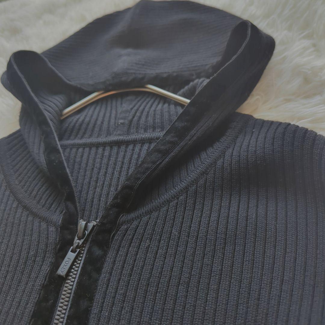 美品✨️FOXEY フォクシー フードパーカー　ウール　リブニット　ベロア　40