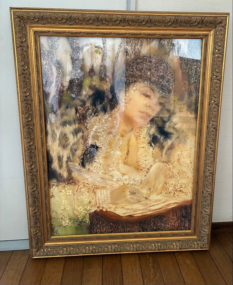 印象派風 女性肖像画 金色フレーム