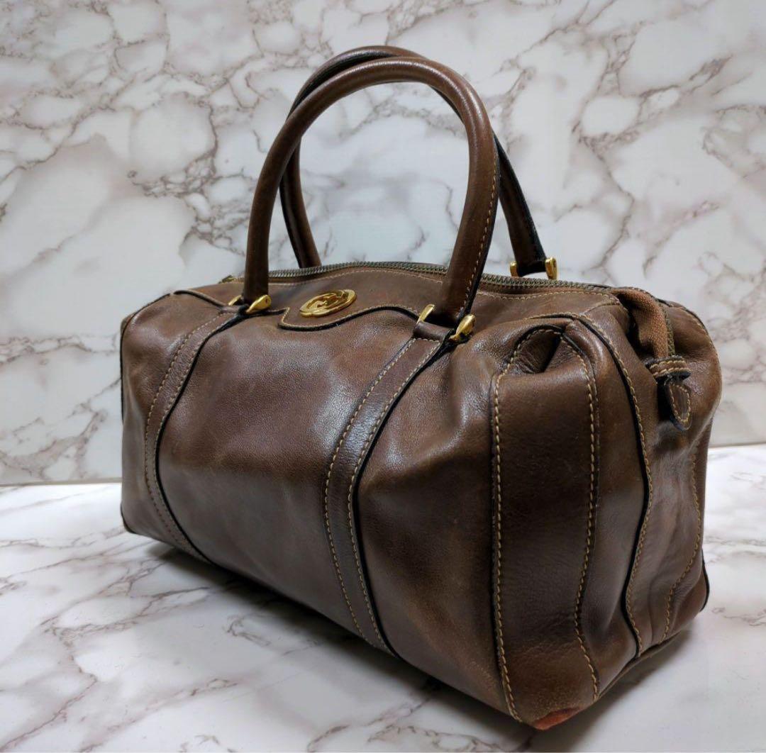 オールドグッチ　リアルレザー　ミニボストンバッグ　インターロッキング　ロゴ金具