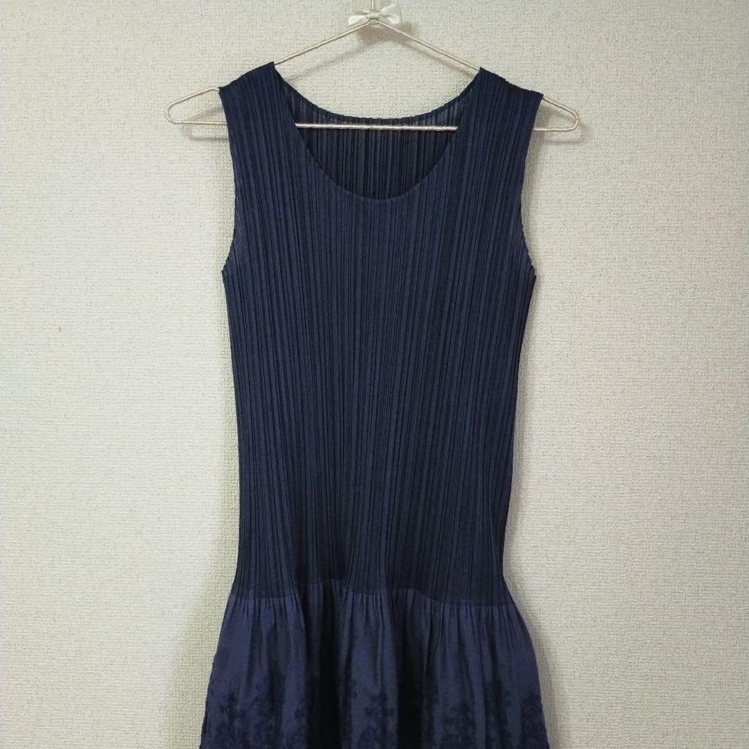 PLEATSPLEASE ドッキング 刺繍 チュニック ワンピース ノースリ