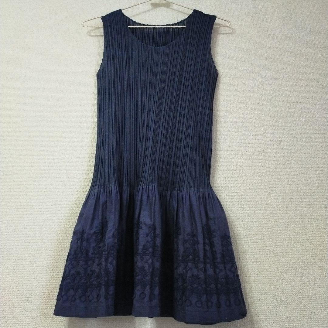 PLEATSPLEASE ドッキング 刺繍 チュニック ワンピース ノースリ