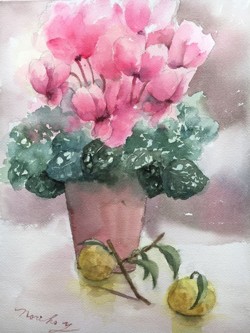 透明水彩画原画ピンクのシクラメン