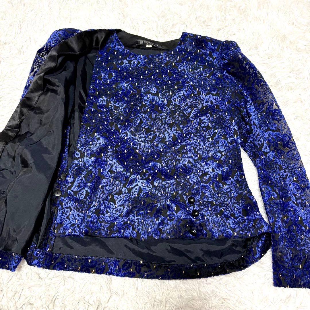 【極美品】ジバンシーフォーマル　長袖ブラウス　ブルー　総柄　ベロア調　L