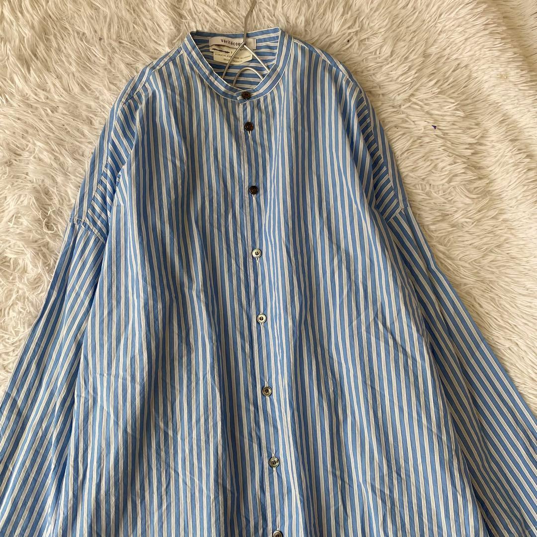 Veritecoeur ストライプ バンドカラー シャツブラウス チュニック