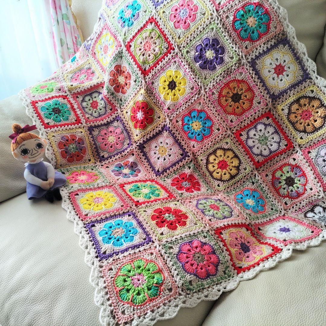 手編みブランケット★アフリカンフラワー★かぎ針編み★カラフル★ひざ掛け