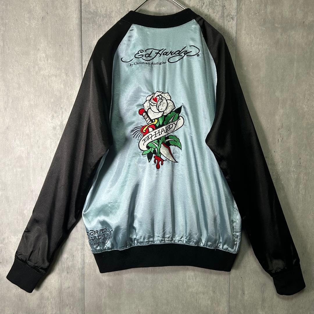 Ed Hardy スカジャン 両面刺繍 黒 水色